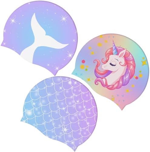 3 Pcs Kids Swim Caps, Silicone Swimming Cap for Kids,Waterproof B...