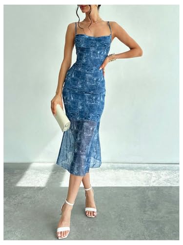Image of GORGLITTER Women's Floral Wedding Guest Derby Midi Dress Cocktail Summer Boho Beach Going Out Fishtail Sun Dresses Blue X-Small