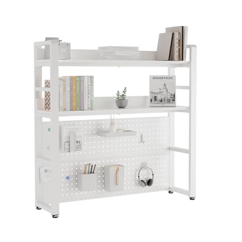 Boltmol 2-Tier Desk Shelf With Concealed Screws Design White 95CM Desktop Organizer With Pegboard Countertop Storage Bookcase For Home Office Or Dorm