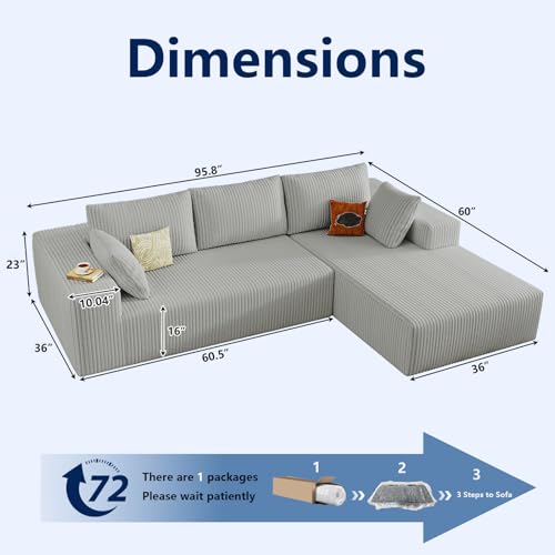 Image of 96 inch Modular Sectional Sofa, Modern Corduroy Cloud Couch with Deep Seat, Boneless Couch Upholstered 3-Seater L-Shaped Sofa for Living Room, No Assembly Required (Light Grey, Right-Facing Chaise)