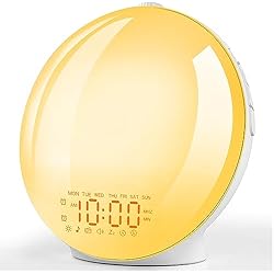 Alarma Sin Luz Despertador Luz Amanecer: Reloj Despertador Niños, Inteligente Digital Simulación de Amanecer y Atardece con 8 Sonidos Naturaleza, 14 Modo Luces, Función Snooze, Radio FM, 20 Niveles de Brillo