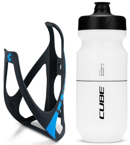 Cube HPP Cage - Matt Black/Blue & Flow Bottle - Clear, 500ml / Water Drink Flask Vessel Bidon Holder Mount Bracket Kit Lightweight Plastic Drinking Hydration Biking Bike Riding Frame Accessories