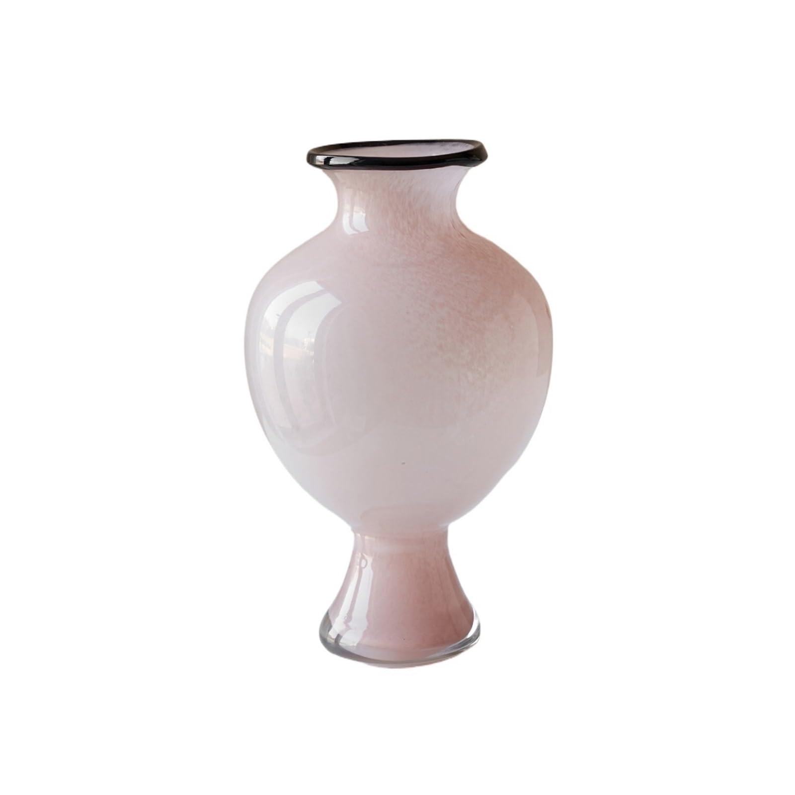 Jarrón de Cristal Opaco Color Rosa Suave, Base Acampanada y Labio Negro, Adorno Elegante for Sala Estar Florero Decorativo