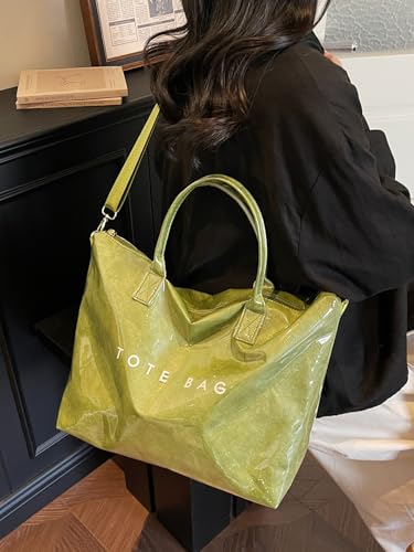 Image of PVC Tote Bag Gifts for Women Large Tote Purse Kraft Paper Letter Print Hobo Handbags for Work Beach Shopping Travel