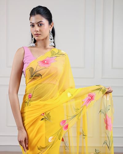 Image of Arkia Women's Yellow Hand Painted With Hand Work Embroidered Saree with Pink Accents Cut dana