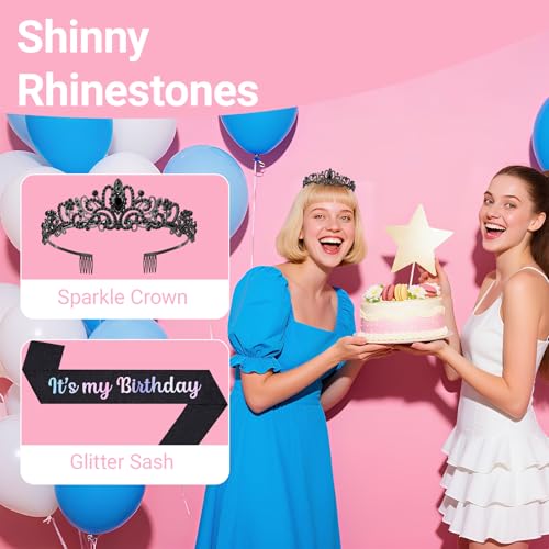 Birthday Tiara and Crown with Sash, Birthday Tiara for Women Birthday Party (Black)