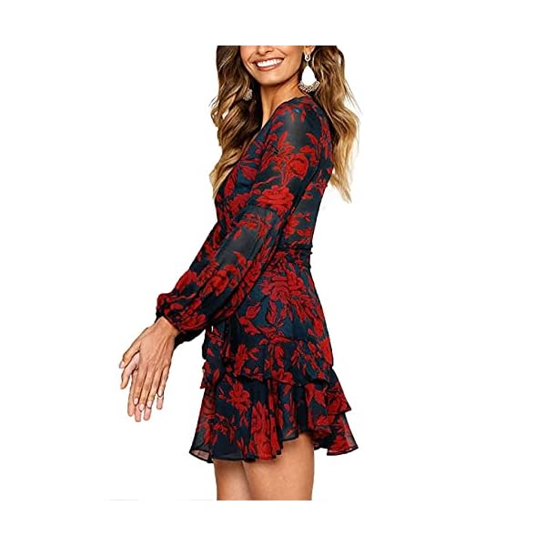 UGUEST Women Long Sleeve V Neck Dress Floral Mini Swing Party Wedding Dress with Belt Charcoal Red L