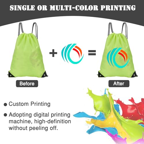 Custom Bags With Your Logo Set of 100 Custom Backpack Draw String Bags Pack Bulk for Travelling Swimming Gym Everyday Use (Yellowish green)