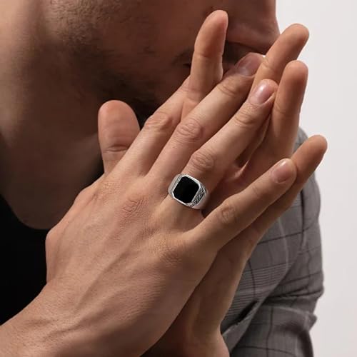 STARCHENIE Men's Genuine Black Onyx/Turquoise/Tiger Eye Sterling Silver Ring Vintage Square Gemstone Signet Pinky Ring for Men Jewelry Gift for Him Size 7-123