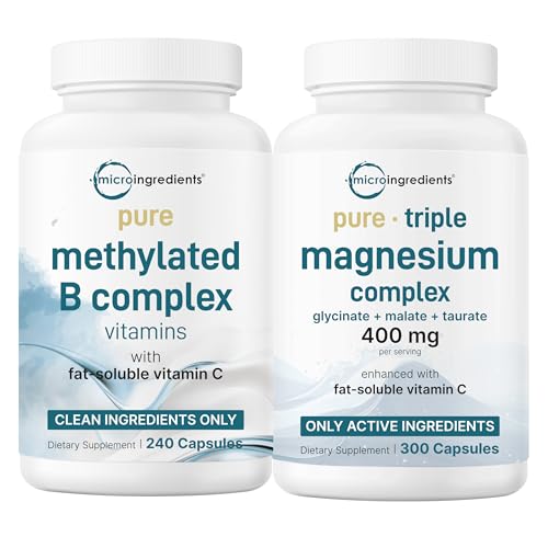 Micro Ingredients Pure Methylated B Complex & Pure Triple Magnesium 400mg Capsules | 2 Pack Bundle | Glycinate, Malate, B12, Thiamin, Fat Soluble Vitamin C, & More | Clean Ingredients Withou