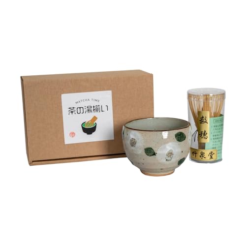 美濃焼 抹茶茶碗 陶器 約径9.5×高さ7cm 約250ml 電子レンジ 食洗機対応 茶筅 茶道具2点セット ゆったり碗 白椿 日本製 UM-00165S