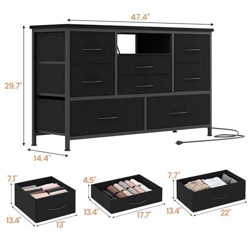 Jojoka 8-Drawer LED Dresser TV Stand with Power Outlet for 55'' TV - Wide Storage Chest for Bedroom, Living Room & Entryway, Wood Top Console Table with 22 Light Modes