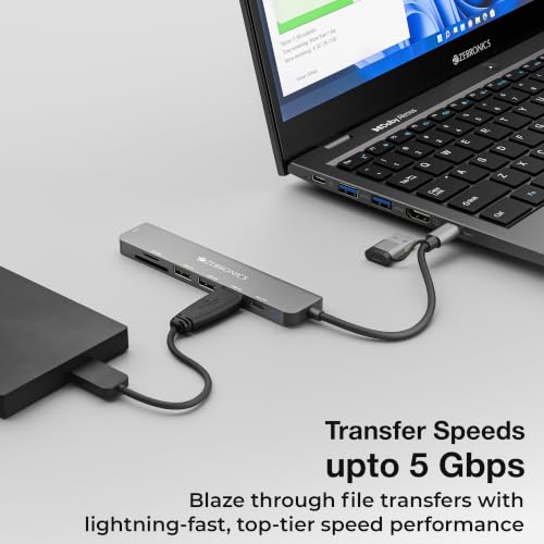 Image of Zebronics CT71 7-in-1 USB Hub, Dual Interface (USB & Type-C), 4K HDMI, 100W Type-C PD Charging, 5Gbps Transfer Speed, USB 3.0 5Gbps, Dual USB 2.0, microSD, Metal Body, LED Indicator