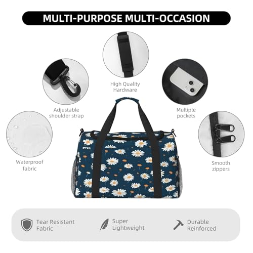 Duffle Bag Daisy Flower Pattern Travel Duffel Bags for Men Women with Adjustable Strap Carry on Gym Bag Overnight Weekender Bag4