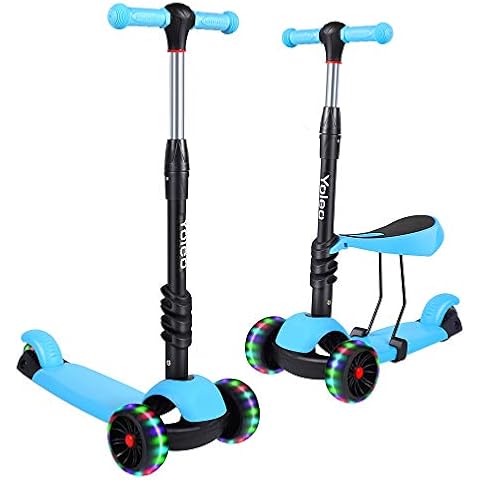YOLEO Kids Three Wheel Kick Scooter with Removable Seat, LED Flashing Wheels, Height Adjustable, 3-in-1 Lightweight Children's Scooter Boys and Girls for Aged 2-8 (Blue) Cover
