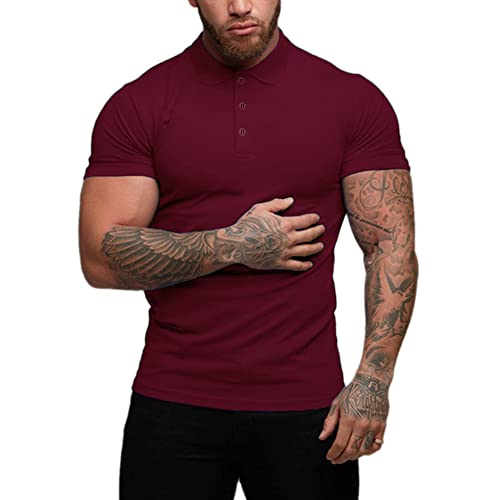 Hombres Manga Corta Casual Camisetas tee con Camisas de Polo Elástico Algodón Vino Rojo L