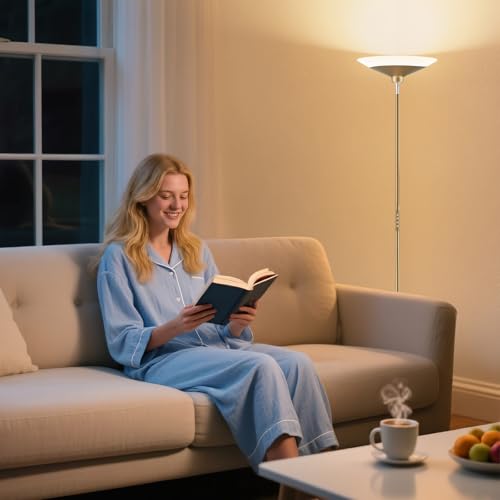 Image of SIBRILLE Torchiere Floor Lamp - 72 inch Tall LED Standing Lamp with Remote /Button Control, 1800Lm, 3000-6500K, 30W Dimmable Modern Corner Floor Light for Living Room Bedroom Office Apartment, Golden