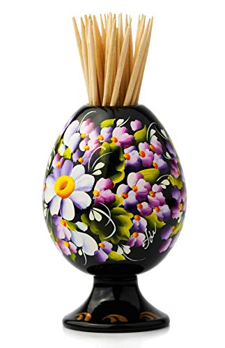 Easter Egg Shaped Toothpick Holder Natural Wood Container Dispenser for Toothpicks or Cotton Swabs with Hand-Painted Flowers Decoration and Lacquer Coating White Violet Green