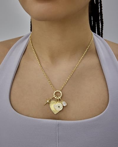 PAVOI 14K Gold Plated Cluster Toggle Pendant Heart Charm Necklace for Women - Chain Heart, Star, Gemstone Evil Eye, Teardrop Cubic Zirconia Pendant Gold Charms Necklaces2
