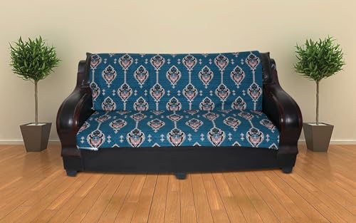 Image of 7 Seater Sofa Cover | Universal Non-Slip Fully Covered Protector for 3+2+2 Sofa Set | Durable Slipcover for Living Room Royal Leaf Motif (Teal Elegance)