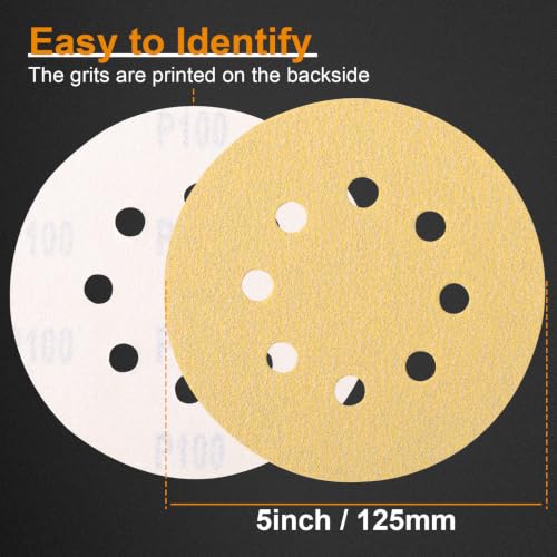 Image of 100 PCS 5 Inch 100 Grit Hook and Loop Gold Sanding Discs Sandpaper