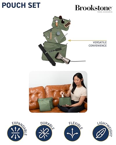 Brookstone Travel Storage Pouch - 3 Piece Flexible and Expandable Travel Zipper Pouch Set for Toiletry, Makeup, and Cosmetics, Olive2