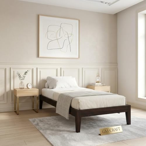 Image of Solid Sheesham Wood Single Bed Without Storage | Wooden Single Cot 6x3 ft for Bedroom & Guest Room Single Wooden Bed Frame | Modern Minimal Floor Bed for Home 12 Month Warranty (James Walnut)