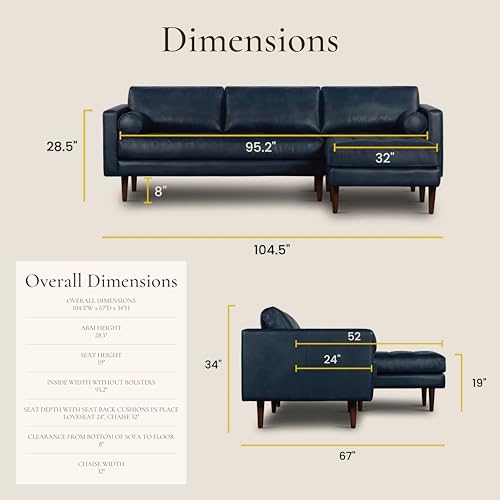 Image of Poly & BARK Napa Right-Facing Sectional Sofa - 104.5 inch Italian Leather Sectional with Chaise - Midnight Blue - Full-Grain Pure-Aniline & Semi-Aniline Upholstery