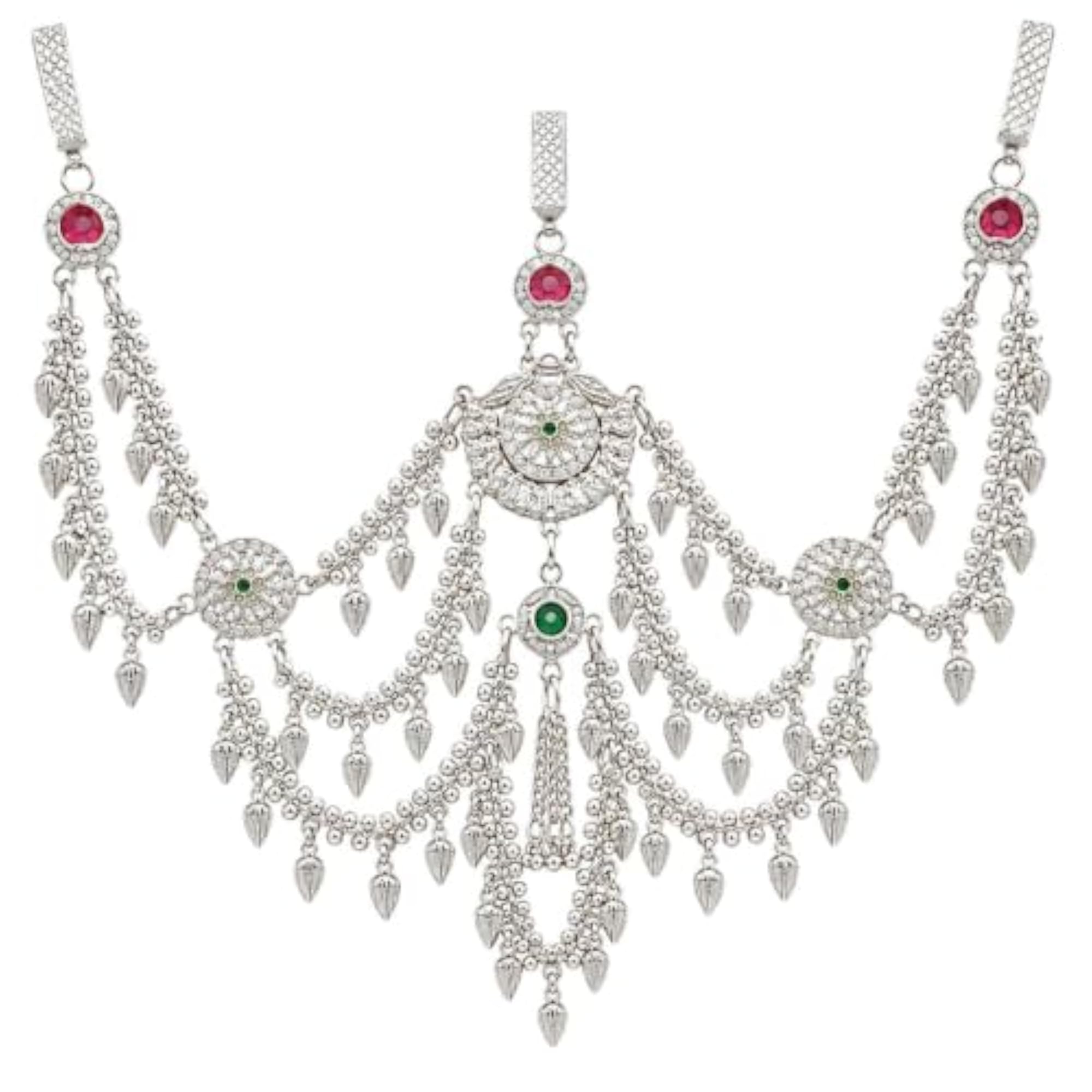 Women's Silver Tone Bridal Maang Tikka with Ruby and Emerald Stones