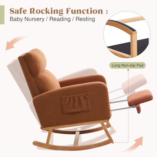Image of HCHAIRH Rocking Chair Nursery with Foot Rest, Nursing Rocking Chairs for Mom Nursery, Teddy Rocker Glider with High Backrest for Living Room, Bedroom, Brown