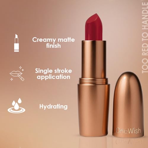 Image of One Wish Creamy Matte Lipstick Long Lasting for Women - Too Red to Handle Shade 18 | Full Coverage | Creamy Formula | No Flaky Lips | No Dryness| High-Pigment | SPF | Vitamin E, Almond Oil & Shea Butter for Moisturising Lip | 8 Hrs Lasting | Smooth Finish | 3.8 gm