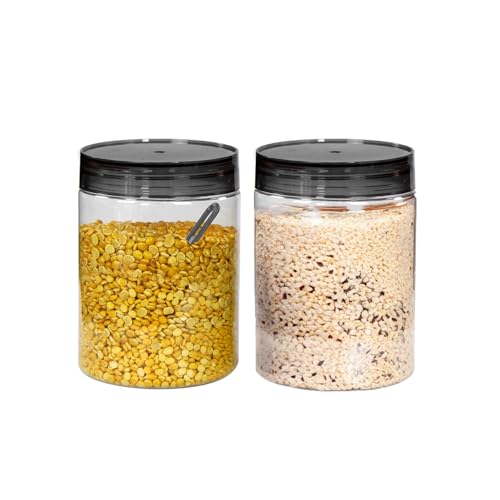 Image of PEARLPET Plastic Containers for Kitchen Storage | Plastic Container Set with Spoon | BPA-Free, Stackable Jars | Black, 1000 ML (Set of 2)