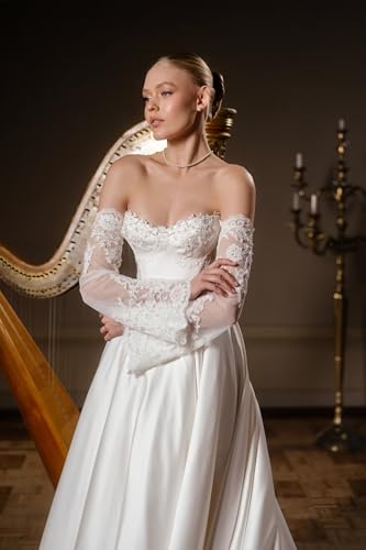 Off Shoulder Long Sleeve Satin Wedding Dresses A-Line Lace Applique Corest Bridal Gowns for Brides3