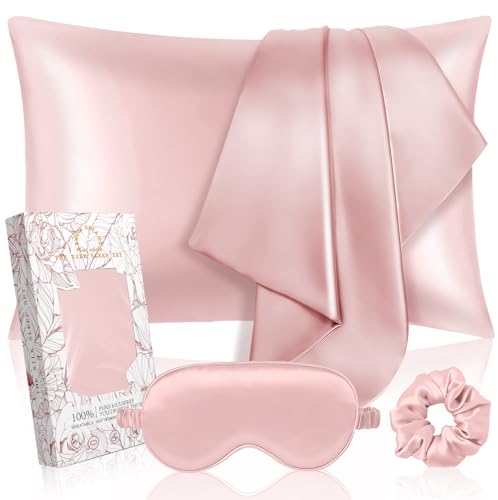 Miss Adola 1Pack Mulberry Silk Pillow Case for Hair and Skin Standard 26"x20" Silk Pillowcase with Eye Mask & Scrunchie Soft Silk Pillowcase Sleeping Gift for Women, Wife, Female - Blush Pk