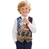 FUSURIRE Kids American Flag Horse Print Vest Fashion Herringbone Boys Vest for Wedding Prom V Neck Formal Waistcoat with Pocket 13-14 Years
