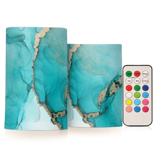 Image of Eionryn Teal Turquoise Marble Texture Flameless Candles Black and Gold Battery Operated LED Candles with Remote Timer Electric Candles for Home Party Decor 2pcs