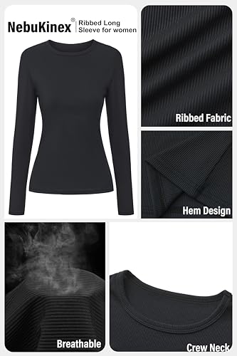 4 Pack Womens Long Sleeve Shirts Basic Ribbed Crew Neck Slim Fit Tees Casual Going Out Layer Tops for Fall Outfits3