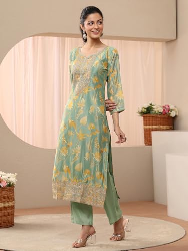 Image of Libas Printed Chinon Straight Kurta With Trouser and Dupatta | daily wear suit