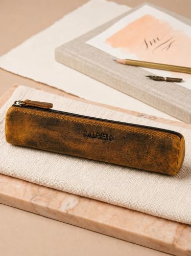Image of Calfnero Genuine Leather Pen-Case for Men & Women | Premium Hunter Leather Pencil-Pouch with Zipper | Cylindrical Pen-Holder Organizer for Pen, Pencils & Stationery | Unisex Pen-Sleeve