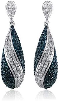 2.14 Carat (Cttw) Round Cut Natural White and Blue Diamond Drop Dangle Earrings Sterling Silver Screw Back