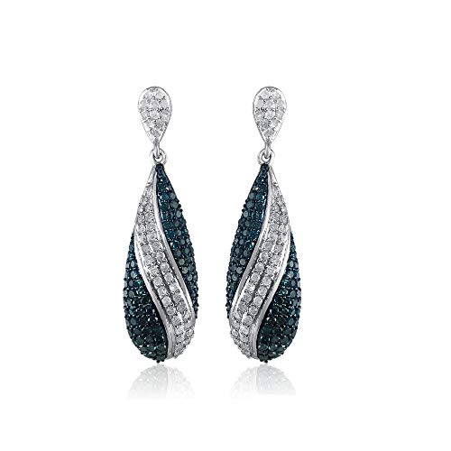 2.14 Carat (Cttw) Round Cut Natural White And Blue Diamond Drop Dangle Earrings Sterling Silver Screw Back #TOP1