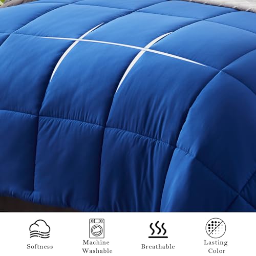 Anluoer Queen Comforter Set 7 Piece, Navy and Grey Bed in a Bag with Sheets, All Season Bedding Comforter Sets with 1 Comforter, 2 Pillow Shams, 2 Pillowcases, 1 Flat Sheet,1 Fitted Sheet