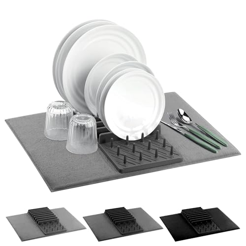 GEEZY Microfibre Dish Drying Mat with Draining Rack 38x50cm - 2 in 1 Design, Absorbent, Machine Washable, Foldable, Reversible - Compact Dish Drainer, Washing Up Drying Mat, Dish Draining Mat