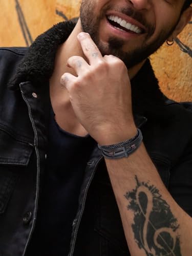 Mens Leather Cross Bracelet Braided Multi Layer Wristband with Stainless Steel Clasp - Christian Religious Gifts for Him(Brown/Black/Blue)3