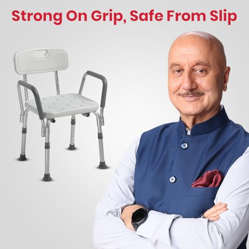 Image of AGEasy (Max Group) Safesit Shower Chair for Seniors | Adjustable Bath Stool with Padded Armrests & Back | Shower Chair with Removable Back & Height Adjustable Legs for Bathroom, Bathtub