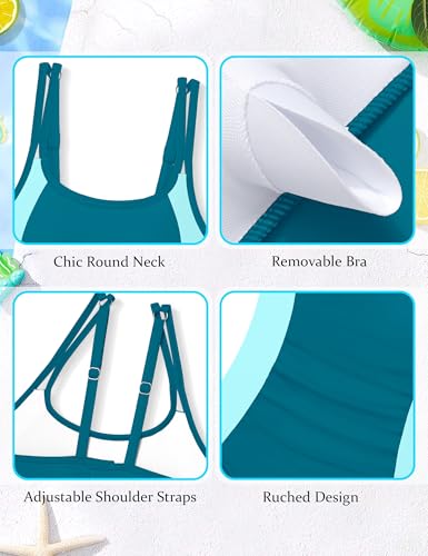 Image of CRISONE Girls One Piece Swimsuits Adjustable Straps Bathing Suit Color Block Padded Pool Beach Swimwear 9-16Y