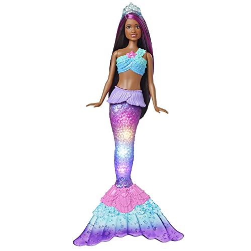 Barbie Dreamtopia Twinkle Lights Mermaid Doll (12 in, Brunette) with Water-Activated Light-Up Feature and Pink-Streaked Hair, Gift for 3 to 7 Year Olds