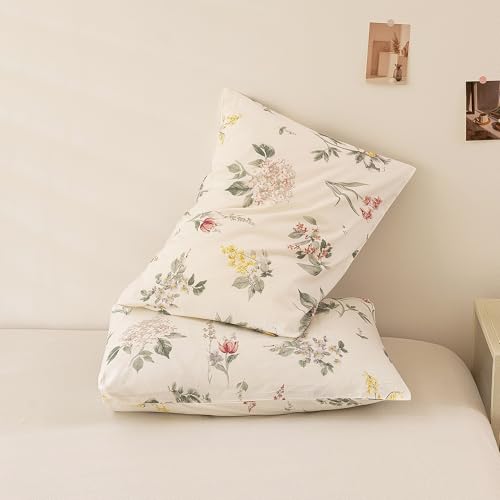 Image of ECOCOTT Floral Pillowcases King Size Set of 2, 100% Washed Cotton Pillow Cases with Envelope Closure, Vintage Botanical Flower Printed Pillow Covers