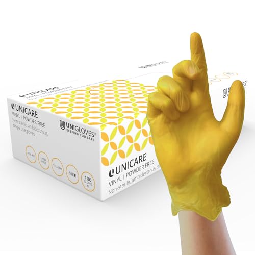 UNIGLOVES Unicare Vinyl Disposable Gloves - Multipurpose, Powder and Latex Free Examination Gloves - Box of 100 Gloves, Yellow, Medium (GS0103)