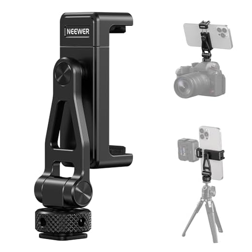 Neewer Metal Phone Tripod Mount with Cold Shoes, 1/4" Thread, 180° Tilt, 360° Rotation, Adjustable Phone Clamp Metal Phone Holder Compatible with iPhone 16 15 Pro Max S24 Ultra Camera Cage, GA010